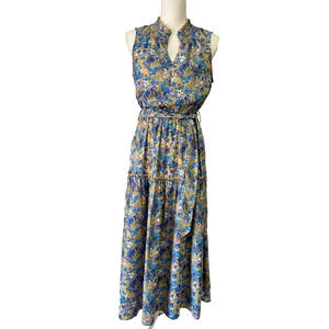Entro Anthropologie Maxi Dress Size Small Blue Floral Boho Fairy Ruffle Stretch